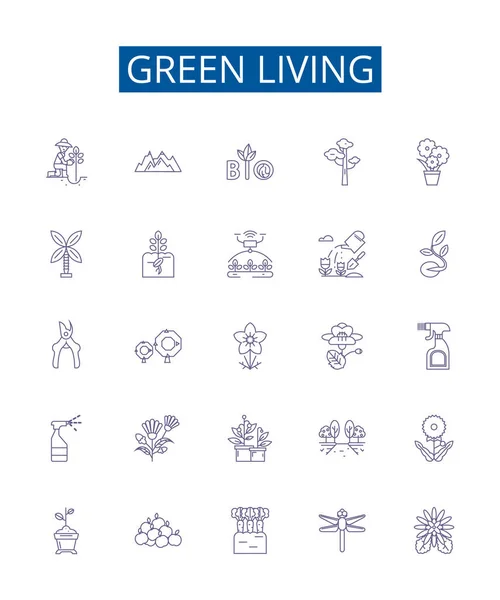 stock vector Green living line icons signs set. Design collection of Eco friendly, Sustainable, Conservation, Organic, Recycle, Renewable, Reusable, Biodegradable outline vector concept illustrations