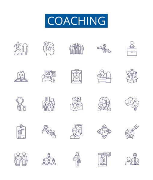 Coaching Line Icons Signs Set Design Collection Mentoring Guiding Educating — Stock Vector
