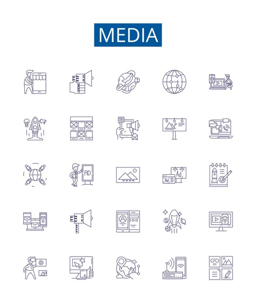 Línea Medios Iconos Signos Establecidos Diseño Colección Medios Comunicación Periodismo — Archivo Imágenes Vectoriales
