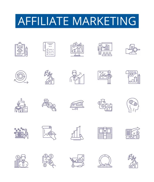 stock vector Affiliate marketing line icons signs set. Design collection of Affiliate, Marketing, Advertising, Promotion, Commission, Revenue, Network, Online outline vector concept illustrations