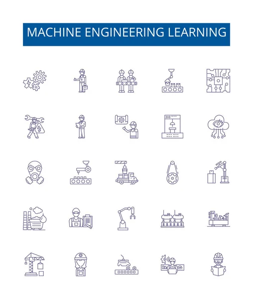 Machine Engineering Ligne Apprentissage Icônes Signes Ensemble Conception Collection Machines — Image vectorielle