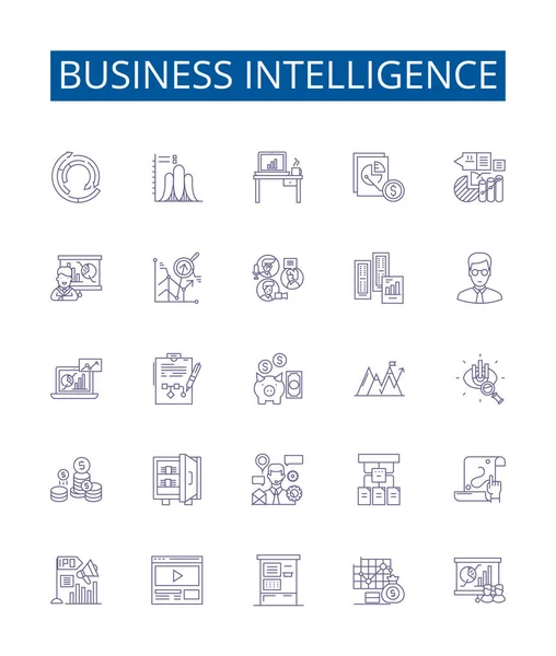 Iconos Línea Inteligencia Negocios Diseño Colección Analítica Datos Procesamiento Informe — Vector de stock
