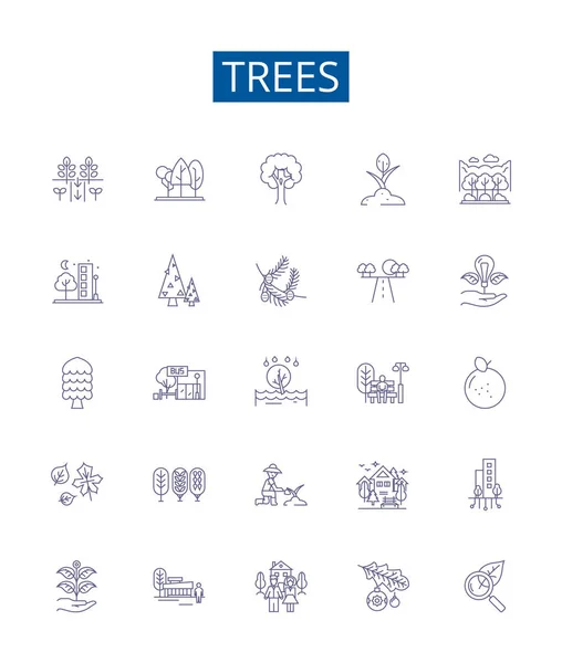 Ağaçların Çizgi Simgeleri Belirlendi Ağaç Kozalak Ağaç Kereste Çam Meşe — Stok Vektör