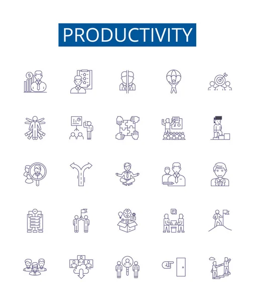 Productiviteitslijn Pictogrammen Tekenen Ingesteld Design Collectie Van Efficiëntie Prestaties Kwaliteit — Stockvector