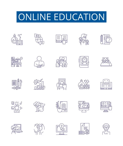Online Education Line Icons Signs Set Design Collection Elearning Remote — Stock Vector