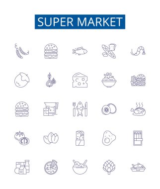 Süper market çizgisi simgeleri ayarlandı. Market, Mağaza, Alışveriş Merkezi, Çarşı, Mağaza, Mağaza, Outlet, Depo, Mart ana hatları vektör çizimleri koleksiyonu