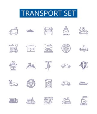 Taşıyıcı satır simgeleri ayarlandı. Araçlar, Uçaklar, Tekneler, Trenler, Otobüsler, Koçlar, Minibüsler, Minibüsler, Taksi ana hatları vektör çizimleri tasarımı