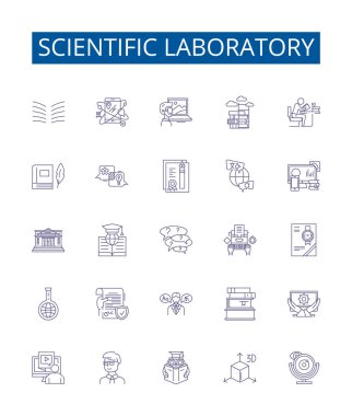 Bilimsel laboratuvar çizgisi simgeleri ayarlandı. Bilimsel, Laboratuvar, Test, Araştırma, Aletler, Deneyler, Kimyasallar, Analiz ana hatları vektör çizimlerinin tasarım koleksiyonu