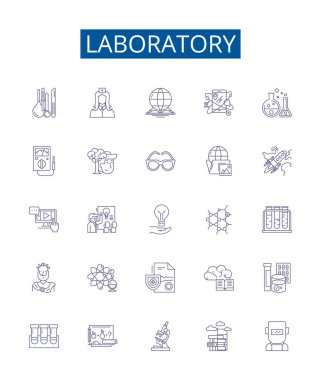 Laboratuvar çizgisi simgeleri ayarlandı. Laboratuar, Araştırma, Test, Deney, Deney, Analiz, Kimya, Analiz, Değerlendirme ana konsept çizimleri tasarım koleksiyonu