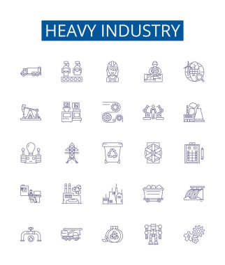 Ağır sanayi çizgisi simgeleri belirlendi. Üretim, Üretim, Üretim, Makineleme, Madencilik, Metalurji, Otomasyon, Robotik, Çelik yapımı vektör çizimi tasarımı
