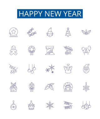 Mutlu yeni yıl çizgisi simgeleri belirlendi. Neşeli, neşeli, neşeli, şen şakrak, kutsanmış, sevinçli, iyimser ana hatlı vektör çizimleri tasarım koleksiyonu