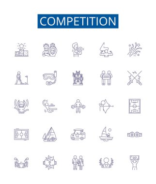 Rekabet çizgisi simgeleri ayarlandı. Yarışma, Irk, Düello, Çatışma, Mücadele, Çukur, Çukur, Çukur, Deneme ana hatları vektör çizimleri tasarımı