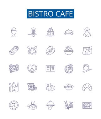 Bistro kafe çizgisi simgeleri ayarlandı. Bistro, Cafe, Yemek, Restoran, Mutfak, Kahve, Kahvaltı, Öğle Yemeği ana hatları vektör çizimleri tasarımı