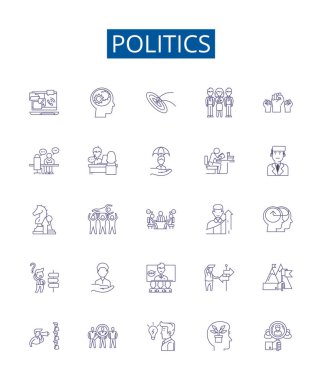 Politics line icons signs set. Design collection of Politics, Governance, Diplomacy, Statecraft, Election, Legislation, Policy, Executive outline vector concept illustrations clipart