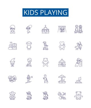 Çocuklar çizgi simgelerini oynuyorlar. Çocuklar, Oyun, Oyunlar, Oyuncaklar, Açık hava, Frisbee, Futbol, Atlama ana hatları vektör çizimleri koleksiyonu