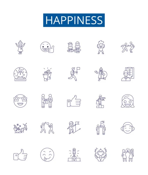 Línea Felicidad Iconos Signos Establecidos Diseño Colección Alegría Beatitud Satisfacción — Vector de stock