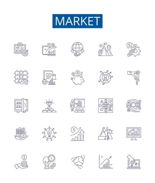 Linea Mercato Icone Segni Set Collezione Design Market Trade Shopping — Vettoriale Stock
