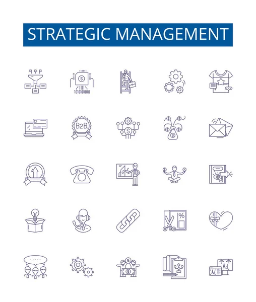 Ikony Linii Zarządzania Strategicznego Ustawione Kolekcja Projektów Planowanie Wykonywanie Przegląd — Wektor stockowy