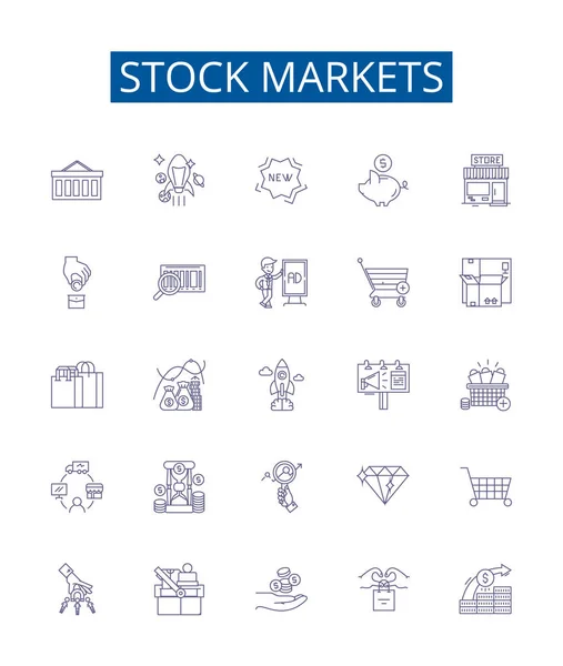 Mercado Ações Linha Ícones Sinais Definidos Desenho Coleção Ações Mercados — Vetor de Stock