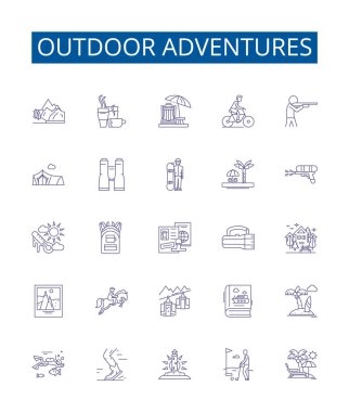 Açık hava maceraları çizgi simgeleri ayarlandı. Trekking, Hiking, Kamp, Kayak, Kano, Kaya tırmanışı, Dağ Bisikleti, İniş konsepti çizimleri tasarım koleksiyonu