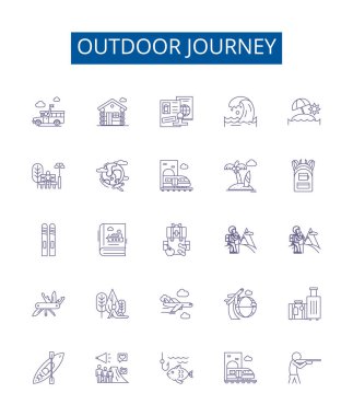 Açık hava seyahat çizgisi simgeleri ayarlandı. Hike, Trek, Walk, Explore, Camp, Adventure, Safari 'nin tasarım koleksiyonu.