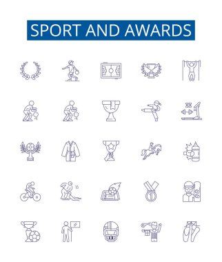 Spor ve ödül satırı simgeleri ayarlandı. Sports, Awards, Competition, Medals, Trophies, Champions, Records, Excellence vektör çizimleri tasarım koleksiyonu