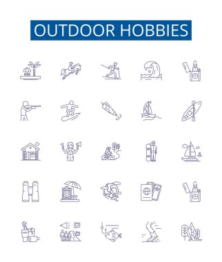 Açık hava hobileri çizgi simgeleri ayarlandı. Yürüyüş, Kamp, Balıkçılık, Avcılık, Tırmanma, Kayak, Kano, Sörf, vektör çizimleri tasarımı