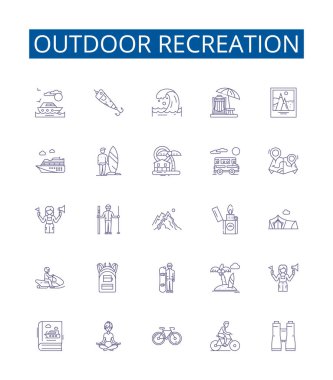 Açık hava eğlence çizgisi simgeleri ayarlandı. Yürüyüş, Kamp, Balıkçılık, Kayak, Tekne, Bisiklet, Tırmanma, Avcılık ana hatları çizim çizimleri