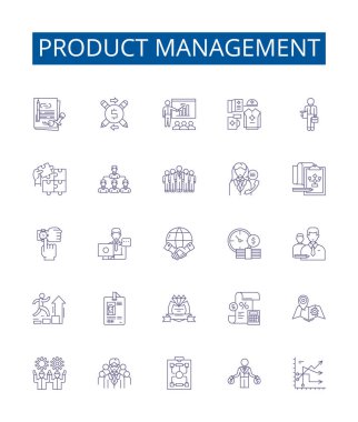 Ürün yönetimi simgeleri ayarlandı. Ürün, Yönetim, Planlama, Tasarım, Geliştirme, İyimser, Çalıştırma, Araştırma ana hatları konsepti çizimleri koleksiyonu