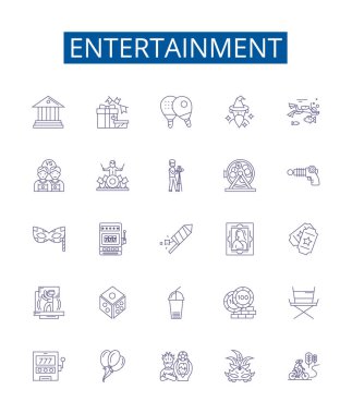 Eğlence hattı simgeleri ayarlandı. Oyunların, filmlerin, tiyatronun, komedinin, müziğin, dansın, sporun, TV ana hatları vektör çizimlerinin tasarım koleksiyonu