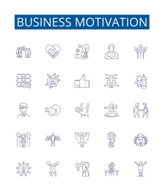 İş motivasyon çizgisi simgeleri ayarlandı. Motivasyon, Sürüş, İlham, İlerleme, Başarı, Zafer, Hırslı, Aspire ana hatları vektör çizimleri tasarım koleksiyonu