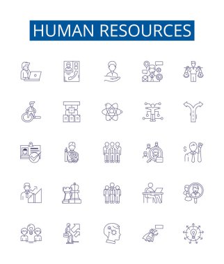 İnsan kaynakları çizgisi simgeleri ayarlandı. Personel, İşe Alma, Geliştirme, İşe Alma, Eğitim, Çalışan, Alıştırma, Yararlı Vektör çizimleri tasarımı