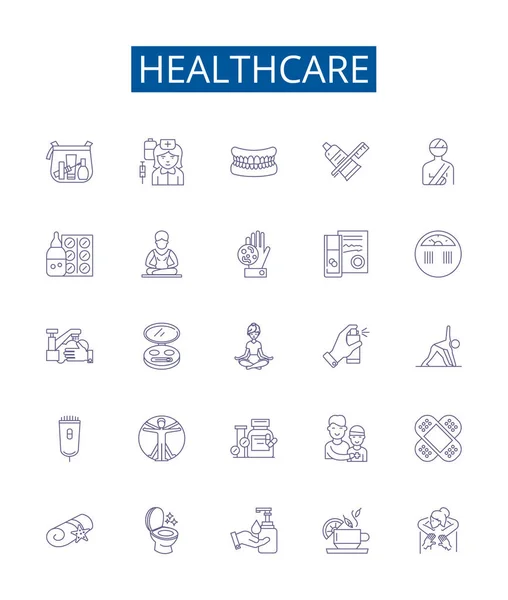 Набор Значков Линий Здравоохранения Коллекция Проектов Уходу Здравоохранению Медицине Лечению — стоковый вектор