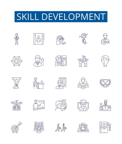 Skill Development Line Icons Signs Set Design Collection Training Coaching — Stock Vector