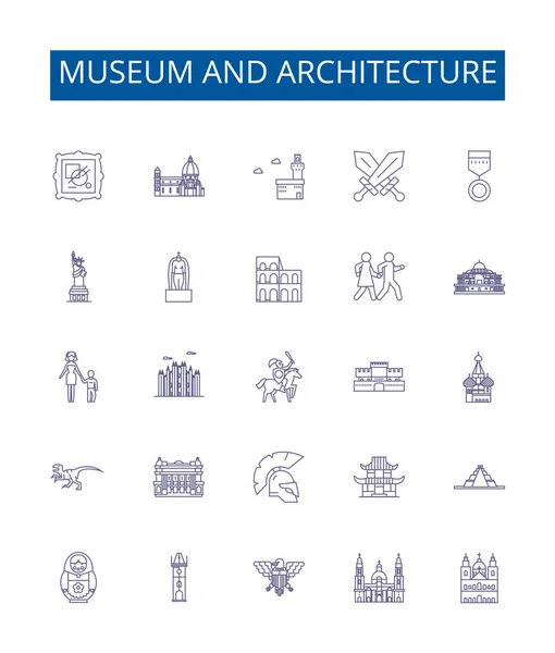 Μουσείο Και Αρχιτεκτονική Γραμμή Εικονίδια Πινακίδες Που Design Collection Museum — Διανυσματικό Αρχείο