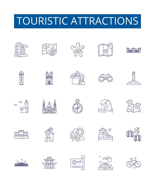 Turystyczne Atrakcje Linii Ikony Zestaw Znaków Projekt Zbiór Atrakcji Turystyka — Wektor stockowy