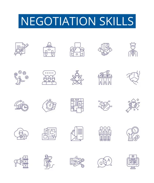 stock vector Negotiation skills line icons signs set. Design collection of Negotiation, Skills, Facilitation, Persuasion, Compromise, Mediation, Analyzing, Listening outline vector concept illustrations