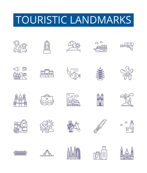 Lugares Interés Turístico Línea Iconos Signos Establecidos Colección Diseño Turismo — Vector de stock
