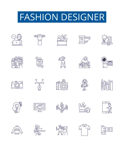 Créateur Mode Ligne Icônes Signes Ensemble Collection Design Designer Couturier — Image vectorielle