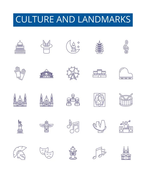 Culture Landmarks Line Icons Signs Set Design Collection Tradition Heritage — Stock Vector