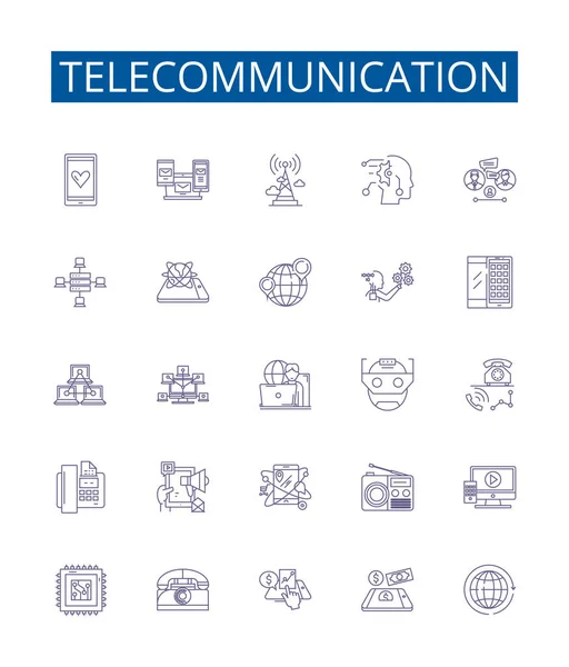 Telekommunikation Linje Ikoner Tecken Inställd Design Samling Telekom Nätverk Kommunikation — Stock vektor