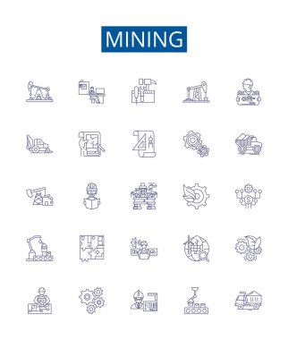 Madencilik çizgisi simgeleri ayarlandı. Çıkarma, kazma, Unear, Bulma, Sondaj, Deneme, Taş ocağı, Panning ana taslak çizim çizimleri tasarım koleksiyonu