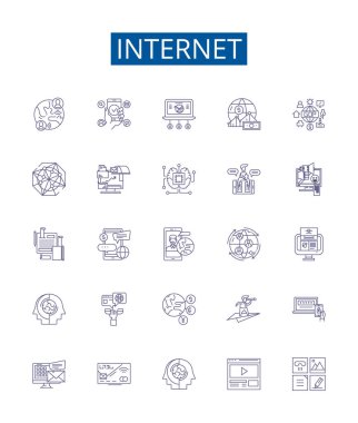 İnternet satırı simgeleri ayarlandı. Ağ, dijital, web, siber uzay, geniş bant, çevrimiçi, bilgi, iletişim ana hatları konsept çizimlerinin tasarım koleksiyonu