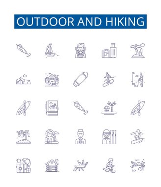 Açık hava ve yürüyüş çizgisi simgeleri ayarlandı. Hiking, Outdoor, Kamp, Patikalar, Sırt çantaları, Dağ, Macera, Tırmanış ana hatları vektör çizimleri tasarımı