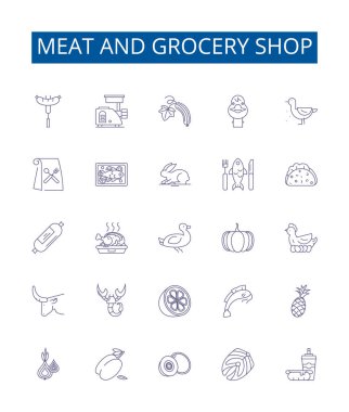 Et ve market çizgisi simgeleri belirlendi. Kasap, Market, Şarküteri, Kümes hayvanları, Kuzu, Sığır eti, Domuz eti, Sosis ana hatlı vektör çizimleri tasarımı