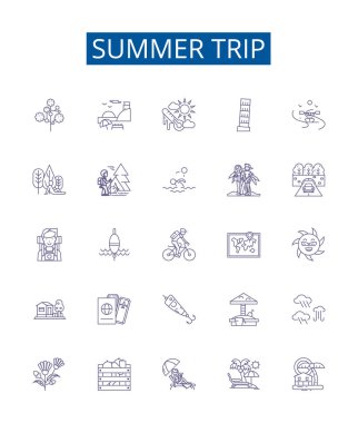 Yaz tatili simgeleri ayarlandı. Tatil, Kaçış, Eğlence, Isı, Keşif, Rahatla, Güneş, Plaj ana hatları vektör çizimleri tasarımı