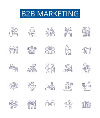 B2b pazarlama çizgisi simgeleri ayarlandı. BB, Pazarlama, Satışlar, Stratejiler, Taktikler, İçerik, Yönetim, Analitik ana hatları vektör çizimleri tasarım koleksiyonu