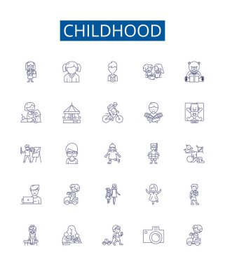 Çocukluk çizgisi simgeleri belirlendi. Bebeklik, Gençlik, Ergenlik, Çocuklar, Oyun Zamanı, Eğitim, Büyüme, Neşeli ana hatlar vektör çizimleri tasarımı