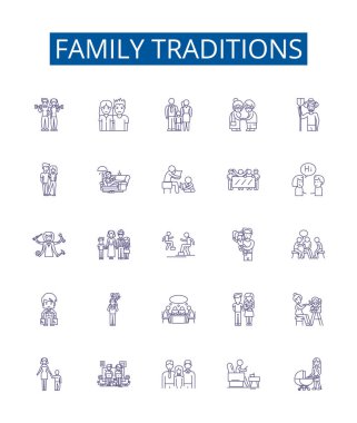 Aile gelenekleri çizgisi simgeleri ayarlandı. Geleneklerin, Aile, Kutlamalar, Ritüeller, Gümrük, Tarihler, Miras, Miras ana hatları vektör çizimleri tasarımı