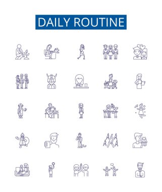 Günlük çizgi simgeleri ayarlandı. Uyan, Ye, Çalış, Çalış, Çalış, Egzersiz, Oynat, Sosyalleş, Uyku ana hatları konsepti çizimleri koleksiyonu